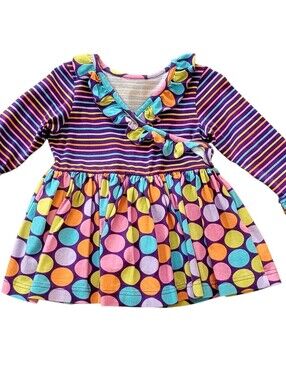 Kelly's Kids Girls Striped Polka Dot Ruffle Tunic Dress Purple Multi Size 3/4